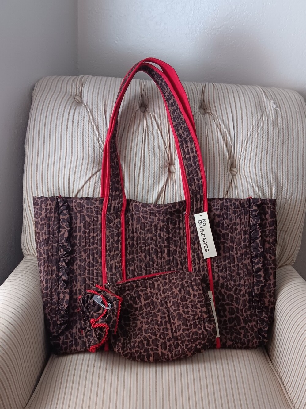 No Boundaries Brown Leopard Print Tote with Red Trim and Matching Pouch